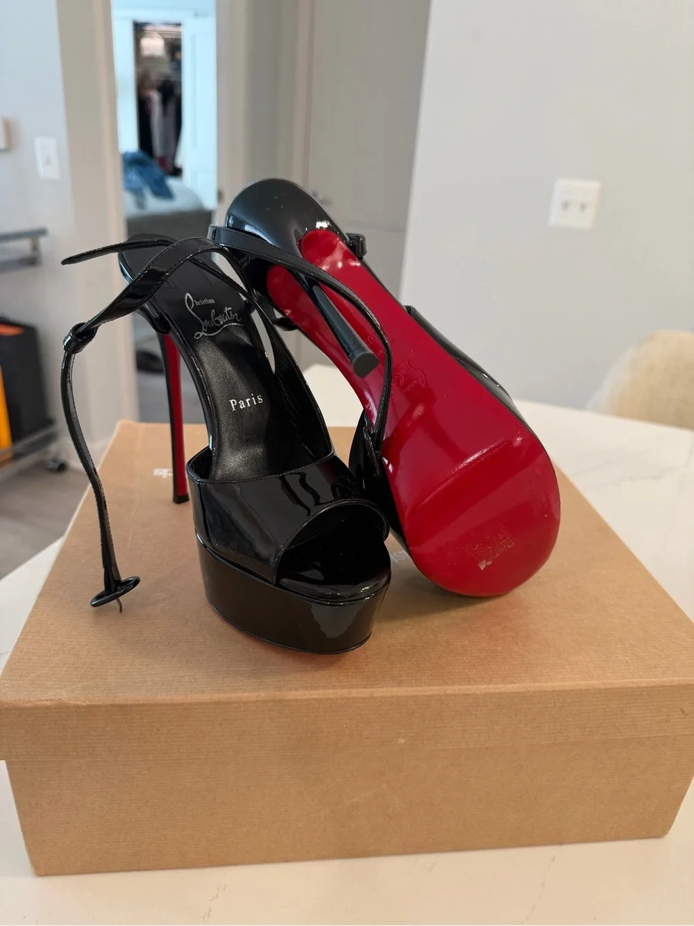 Christian Louboutin Black Patent Platform Slingback Heels with Red Sole